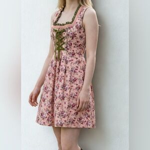 Glory Star Oktoberfest Pink Floral Dress with Green Velvet Ribbons Size Large